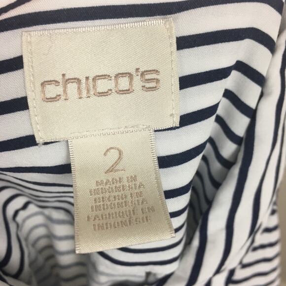 Chico's Navy  White Stripe Button Front Short Sleeve Top 2 - Picture 5 of 6